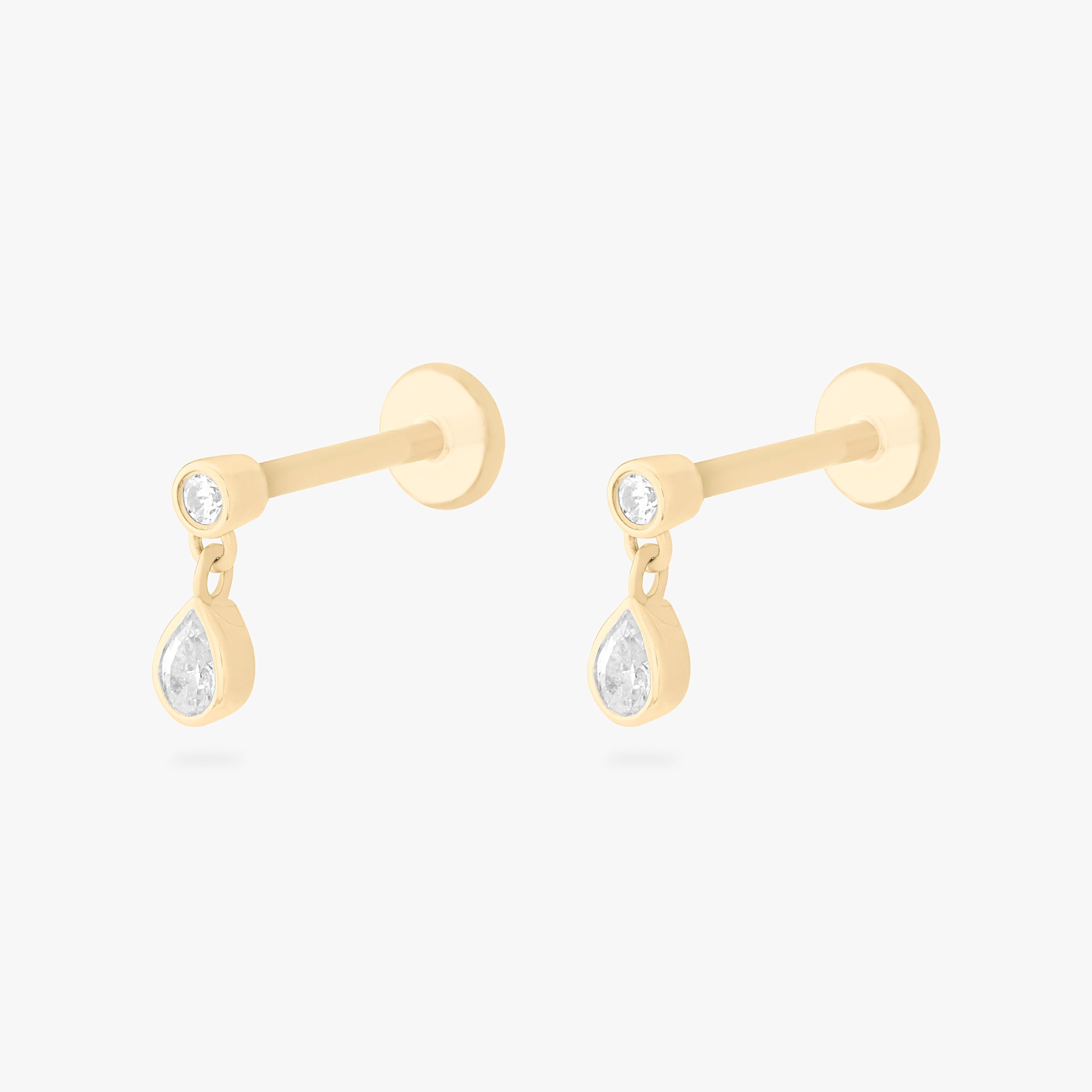 14K CZ Bezel Pear Dangle Flatback Stud - STUDS